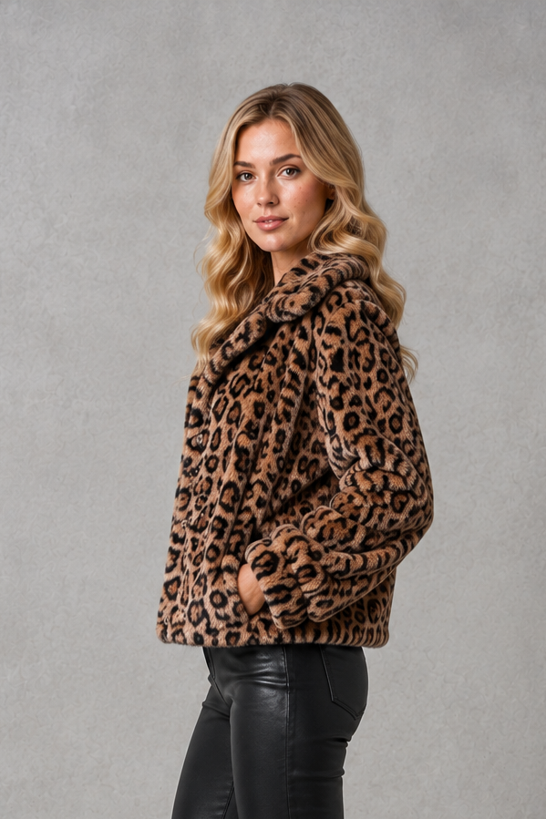 Violet | Stylish Leopard Print Faux Fur Cropped Coat