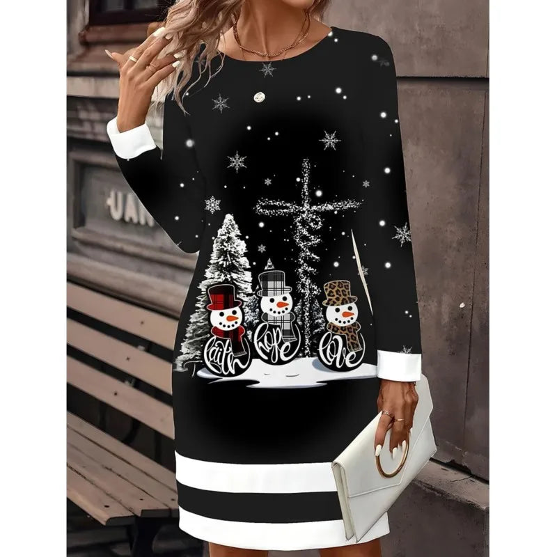 Zara | Refined Long Sleeve Snowman Print Christmas Dress